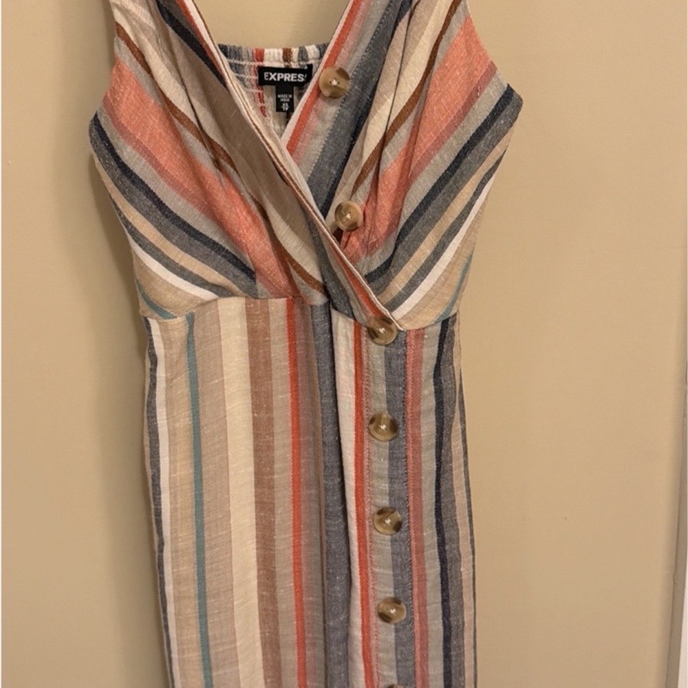 Express XS Linen Blend Striped Midi Dress in Blue, Coral, Cream and Tan